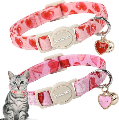 Cat Collar,2 Pack Cat Collars Breakaway with Bell, DOGWONG Safety Buckle Valentine's Day Cat Collar Pink Heart for Girl Boy Cats and Small Dogs，Adjustable 7-12 Inch,Pet Supplies Accessories