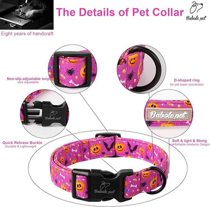 Halloween Dog Collar, Cute Pumpkin Bat Pattern Halloween Purple Puppy Collar, Soft Adjustable Cotton Dog Collars for Small Medium Large Boy&Girl Dogs L