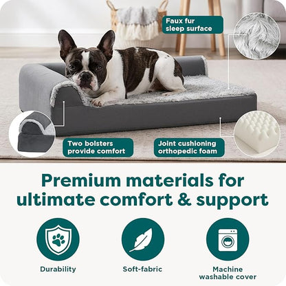 FurHaven Orthopedic Dog Bed for Medium Dogs, L-Shaped Chaise Mattress with Orthopedic Egg Crate & a Solid Orthopedic Foam Base for Joint Support, Washable Cover, Medium, Faux Fur & Suede, Stone Gray