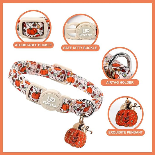 Fall Cat Collar-2Pack Autumn Kitten Collars-Halloween Breakaway Pumpkin Kitty Collars-Cute Pumpkin and Maple Leaf Pendants,Maple Leaf Cat Collar with Bell, for Girl & Boy Cats