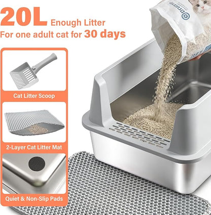 2PACK Stainless Steel Cat Litter Box with Lid, XL Metal Litter Box, Extra Large Litterbox for Big Cats, High Sided | Easy Cleaning | Odor-Free Includes Scoop and Mat