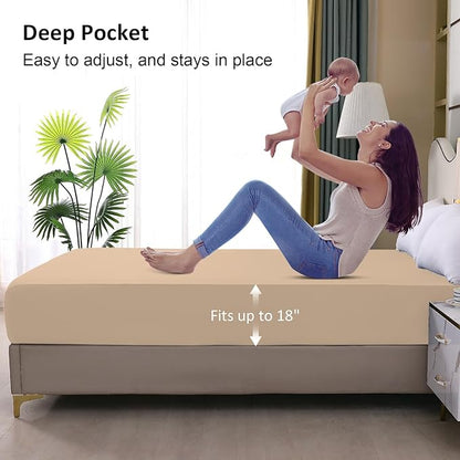 Waterproof Mattress Protector Queen, Fitted Sheet Style Breathable Mattress Cover with Deep Pocket Fits Up to 18'', Noiseless Bed Cover for Kids Adults Pets, Machine Washable (Light Tan, 60'' X 80'')