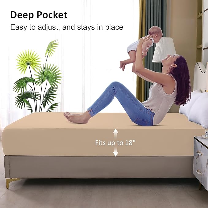 Waterproof Mattress Protector King, Fitted Sheet Style Breathable Mattress Cover with Deep Pocket Fits Up to 18'', Noiseless Bed Cover for Kids Adults Pets, Machine Washable (Light Tan, 76'' X 80'')