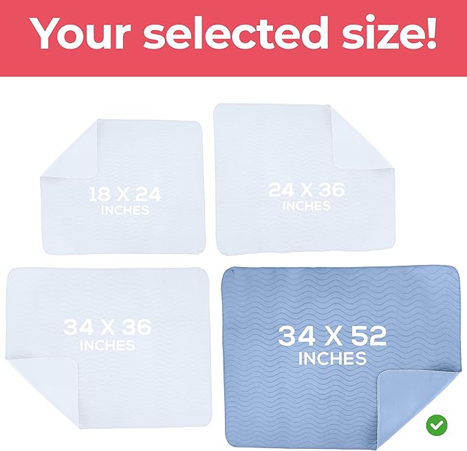 Utopia Bedding Washable Underpads 34" x 52" (Pack of 4), Waterproof Reusable Heavy Absorbency Incontinence Bed Pads for Adults, Kids, Elderly and Pets, Bedwetting Pads for Sofa and Couch (Blue)