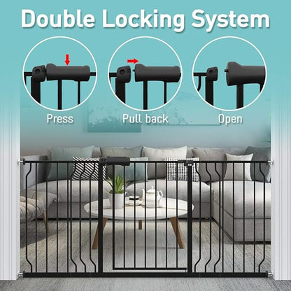 WAOWAO Baby Gate 76.38-81.10" Extra Wide Pressure Mounted Walk Through Swing Auto Close Safety Black Metal Toddler Kids Child Dog Pet Puppy for Stairs,Doorways,Kitchen