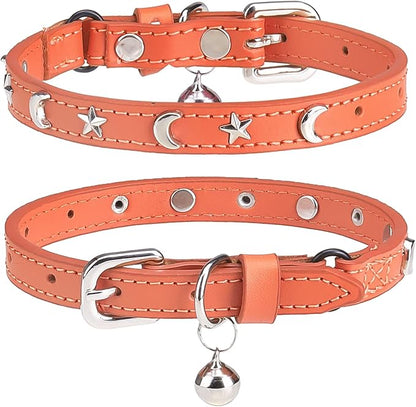 Leather Cat Collars for Boy Girl Cats with Bell and Safety Elastic Belt, Personalized Star and Moon Stud Adjustable Safe Buckle Collar for Kitty Small Big Cats Size 8-12 Inch, Orange