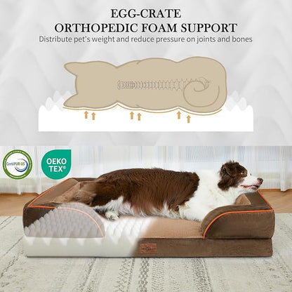 Comfort Expression Orthopedic Dog Bed for Extra Large Dogs 48x30 Inch, Waterproof Egg Crate Foam XXL Pet Bed with Removable Bolsters, Dog Couch with Washable Cover & Non-Slip Bottom, Brown