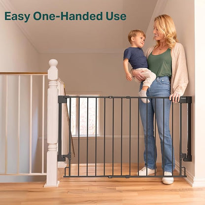 Cumbor 2 Pack 29.2-43" No Bottom Bar Baby Gate for Stairs, 2-in-1 Auto Close Dog Gate Indoor, Hardware Mounted Pet Gate for Doorways with Large Walk Thru Door, Child-Proof Safety Gate for Kids (Black)