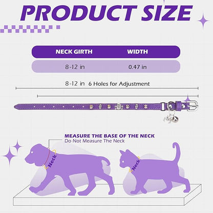 EXPAWLORER Leather Cat Collar for Girl Boy- Adjustable Pet Collar with Safety Elastic Belt,Personalized Punk Accessories Buckle Collars with Bell & Durable D-Ring,Rivet(Purple)