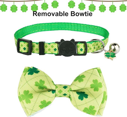 ADOGGYGO St. Patrick's Day Cat Collars with Bow Bell, Breakaway Cat Bowtie Collar Green Shamrock Pattern Saint Patrick Collars for Girl Boy Cats Kittens (St. Patrick's Day)