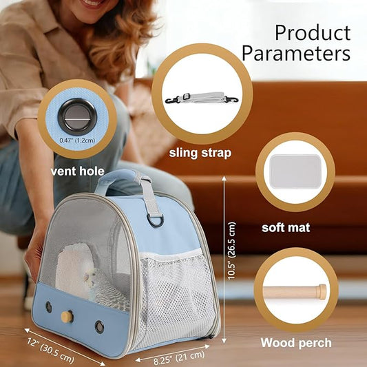 Bird Carrier, Portable Small Bird Parrot Parakeet Carrier with Standing Perch and Soft Mat, Side Access Window Collapsible