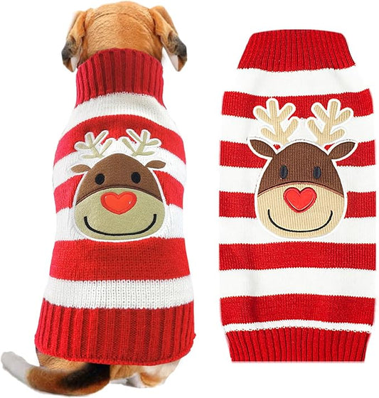 Dog Christmas Sweater Cute Striped Reindeer Xmas Pet Clothes Holiday Puppy Cat Costume New Year Gifts for Small Medium Large Dogs Jumpers (XXL, Red White Stripe Reindeer)