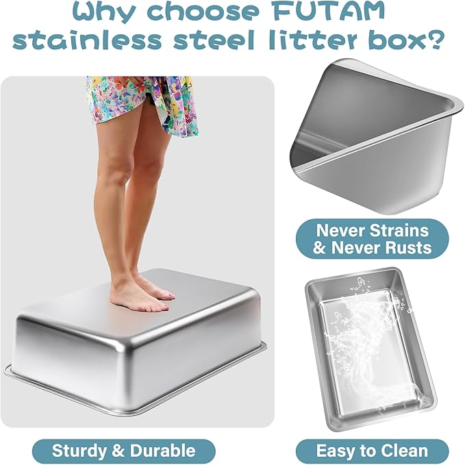 Stainless Steel Litter Box,19.7"x13.7"x6" Large Metal Litter Box for Kitty/Cat, Easy to Clean, Non Stick Litterbox No Smell for Adult Cats