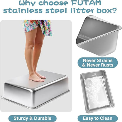 Stainless Steel Litter Box 2 Pack,Medium Metal Litter Box for Kitty/Cat/Rabbits, Easy to Clean, Non Stick Litterbox No Smell for Adult Cats
