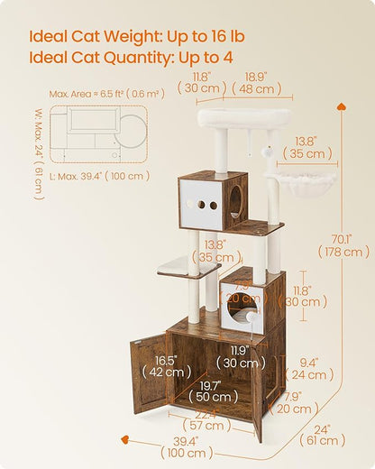 Feandrea Cat Tree with Litter Box Enclosure, 70.1-Inch Tall Cat Tower, 2-in-1 Modern Condo with Scratching Posts, Perch, Caves, Basket, Washable Cushion, Rustic Brown UPCT116X01