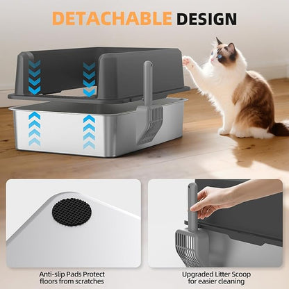 Enclosed Stainless Steel Cat Litter Box with Lid, XL Extra Large Litter Box for Big Cats, Metal Litter Pan High Sided, Never Absorbs Odors, Anti-Urine Leakage, Include Scoop (65-Darkgray)