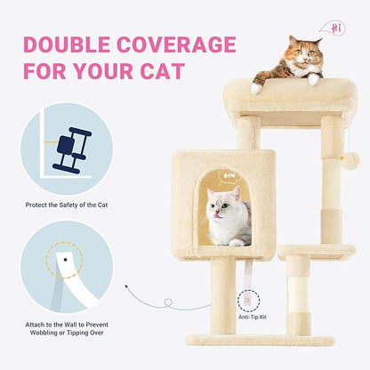 Allewie 29 Inches Cat Tree Tower/Plush Perches Platform/Condo/House/Sisal Scratching Posts/Multi-Level Activity Center Furniture for Kittens/Beige