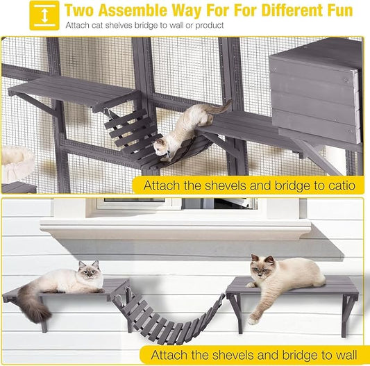 Aivituvin Catio Outdoor Cat Enclosure Window, Wall-Mounted Large Walk-in Cat Playpen with Scratch Posts, Basket, Platform, Bridge and Sleeping House— Safe, Weatherproof Cats Patio for Multiple Cats