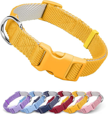 Dynmeow Soft and Breathable Cotton Dog Collar, Durable Adjustable Heavy-Duty Pet Collar with Quick-Release Buckle, Lightweight for Sensitive Skin for Large Dogs, Yellow, L