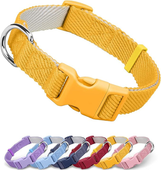 Dynmeow Soft and Breathable Cotton Dog Collar, Durable Adjustable Pet Collar with Quick-Release Buckle, Lightweight for Sensitive Skin for Small and Medium Dogs, Yellow, S