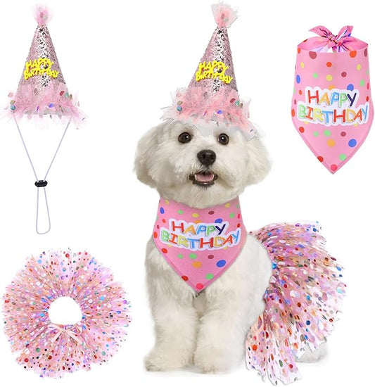 Dog Birthday Bandana with Hat and Dress Girl Set Puppy Birthday Party Supplies Cute Tutu Skirt Outfit for Small Medium Large Dogs Decorations