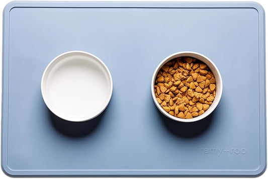 Remy+Roo Dusty Blue Silicone Dog Food Mat for Pet Bowl | 100% Waterproof | Non-Slip | Dishwasher Safe