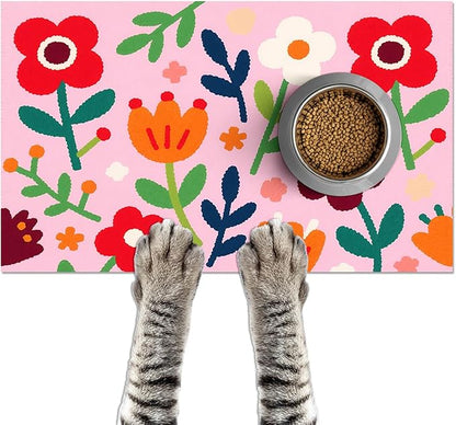 Pet Feedings Mats 20x12 inch Floral Print Pet Bowl Placemat Non Slip Mat for Cat and Dog Food and Water Indoor Pet Feeding Station Colorful Meal Mat for Small Pets Kitchen Floor Use