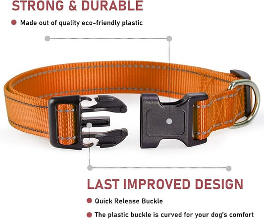 Reflective Dog Collar with Buckle Adjustable Safety Nylon Collars for Small Medium Large Dogs, Orange XL
