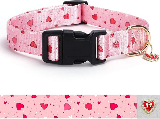 Love Pattern Dog Collar with Buckle Adjustable Safety Nylon Collars for Small Medium Large Dogs, Cute Stylish Girl Boy Christmas Dog Collar(Pink Heart,L)