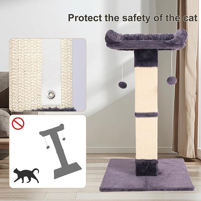 34" Cat Scratching Post for Indoor Cats, Sisal Cat Scratcher with Large Plush Perch, Vertical Posts with Elevated Bed and with Two Dangling Balls, Removable & Washable Cover, Dark Grey