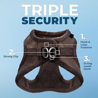 Best Pet Supplies - All Weather Plush, Reflective, No Pull Harness for Small, Medium Dogs, Cats - Secure with Hook & Loop Fastener, Buckle, Double D-Rings - Chocolate Suede, XS