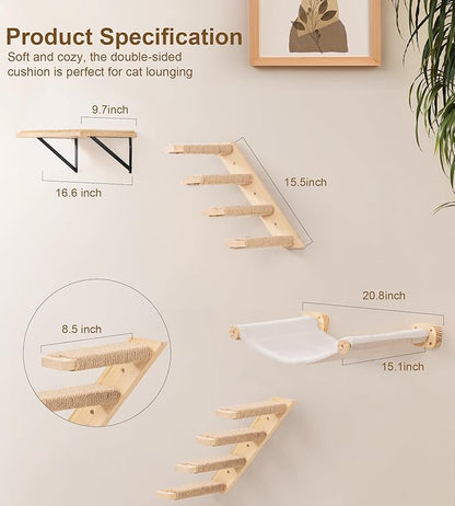 Cat Wall Hammock Set of 3, Wall Shelves with 1 Floating Fabric Hammock, 2 Cat Ladders with 4 Steps Each, Wall Mounted Bed Furniture & Climber for Large Cats