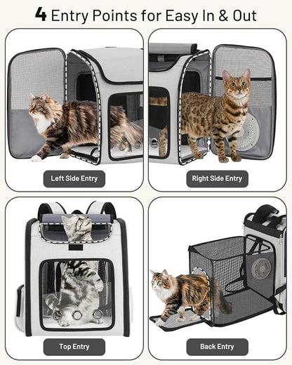 Cat Backpack Carrier with Built-in Cooling Fan & Heating Pad, Expandable Pet Backpack for Cats and Small Dogs up to 16 lbs, Ventilated Travel Carrier for Hiking, Walking & Outdoor, Grey