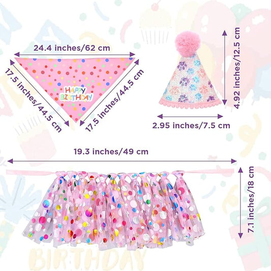 Dog Birthday Bandana with Hat and Dress Girl Set Puppy Birthday Party Supplies Cute Tutu Skirt Outfit for Small Medium Large Dogs Decorations(Purple) (Rose red)