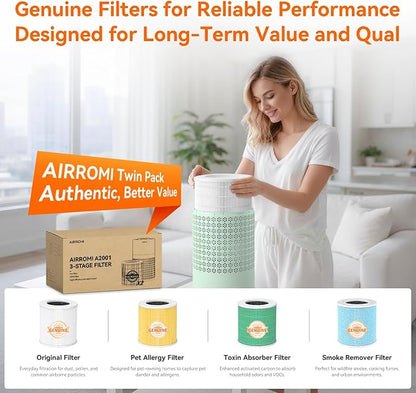 AIRROMI Air Purifier for Bedroom with HEPA 3-in-1 Filter, Pet Air Purifier for Home Cat Pee Smell, Covers Upto 990 Ft², Quiet 360°intake Air Cleaner for pet hair,allergies,Dust,Smoke A2001 Green