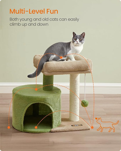 Feandrea Cat Tree, Small Cat Tower with Sisal Scratching Post, Plush Condo with Padded Perch, for Small Spaces, Kittens, Grass Green and Camel Brown UPCT050C01