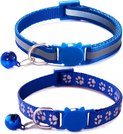 Blue Break Away Cat Collar with Bells, [2 Pack] Breakaway Kitten Collar with Bells, Reflective Cat Collar for Girl Cats Kitty