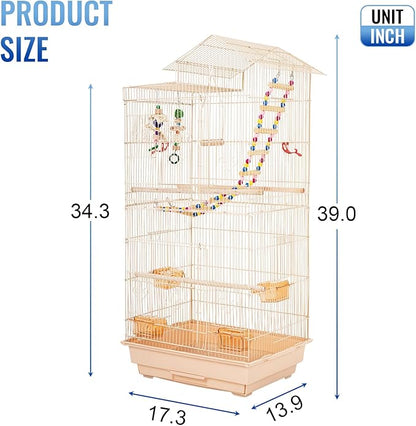 FDW 39 Inch Bird Cage Parakeet Cage with Play Top Rolling Stand & Easy Clean Pull-Out Tray Roof Top Parrot Cage for for Finches Canaries Parakeets Cockatiels & Other Small Birds, Almond