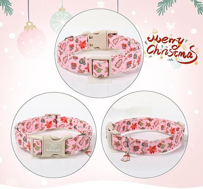 Christmas Dog Collar - Cute Pink Cozy Christmas Puppy Collar with Safety Buckle, Soft Adjustable Holiday Dog Collars for Small Medium Large Dogs M
