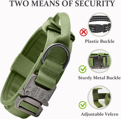 Tactical Dog Collar, Adjustable Military Training Nylon Dog Collar with Control Handle and Heavy Quick-Release Metal Buckle for Small Medium Large Dogs, Green M