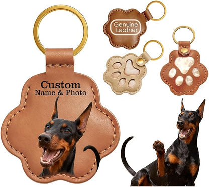 Personalized Pet Memorial Gifts for Dogs, Custom Name Paw Shaped Leather Keychain, Dog Fur Keepsake for Bag or Key