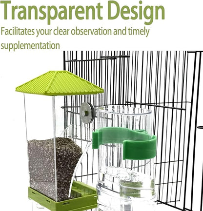 No Mess Bird Feeder Water Dispenser Set, Automatic Bird Feeder for Cage Transparent Acrylic Food Container Drinker Cage Accessories Parakeet Cockatiel Lovebird Finch (White)