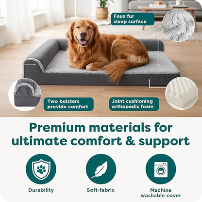 Furhaven Orthopedic Dog Bed for Large Dogs w/ Removable Bolsters & Washable Cover, For Dogs Up to 95 lbs - Two-Tone Plush Faux Fur & Suede L Shaped Chaise - Stone Gray, Jumbo/XL