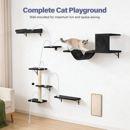 Cat Wall Shelves, Stable & Safe 6 in 1 Cat Furniture Set Black, for Cats to Climb, Hide, Lounge, and Scratch