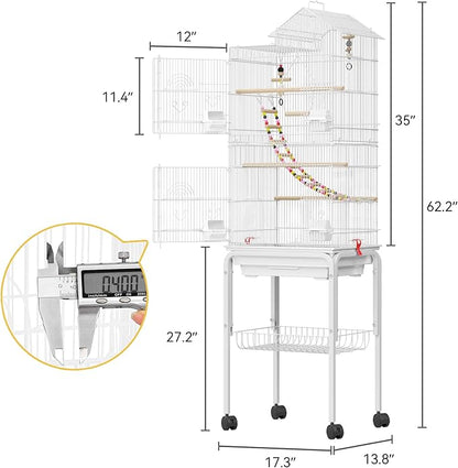 62-inch Metal Bird Cage: Spacious Bird Cage for Cockatiels, Parrots, Pigeons, Lovebirds, Features Roof Access and Rolling Stand, White