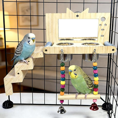 kathson Bird Perches Cage Toys with Bird Climbing Ladder Swing Mirror,Wooden Parrot Perches Platform with Feeding Cups,Parakeet Play Gyms Exercise Stands Cage Accessories for Lovebird,Budgie,Cockatiel