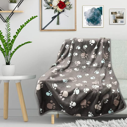Rezutan Dog Blanket for Large Dogs, Upgraded 3 Pack Dog Cat Flannel Blankets Washable, Soft Pet Throw Cover Suitable for Kennel Crate Bed, Cute Paw Pattern, Grey, 31" x 41"