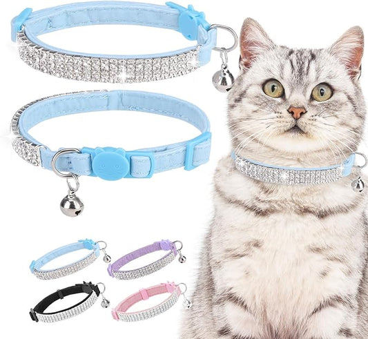 EXPAWLORER Soft Velvet Safe Cat Collars for Girl Cats - Rhinestones Bling Diamante Adjustable Collars Breakaway- Chirstmas Cat Clollar Gifts with Bells for Boy Cats Kitty and Small Dogs