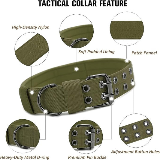 Tactical Dog Collar with Handle, Military Adjustable Heavy Duty Metal Buckle Dog Collars Soft Nylon Training Collar for Medium Large Dogs (Green, X-Large)