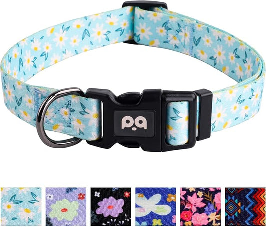 QQPETS Adjustable Soft Dog Collar: Print Flower Pink Multicolor Cute Patterns for XS Small Medium Large Pet Girl Boy Puppy Walking Running Training